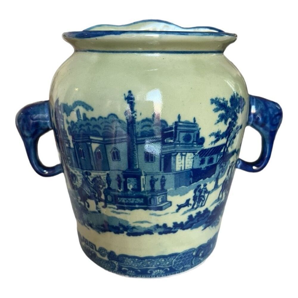 Victoria Ware 7” Ironstone Blue Transfer Wall Pocket Hanging Flower Vase Planter